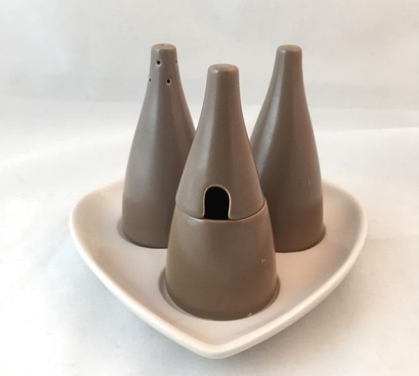 Poole Pottery Twintone Mushroom and Sepia (C54) Salt, Pepper and Mustard Pots on Stand